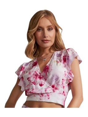 Guess Pink and Lavender Floral Wrap Crop Top